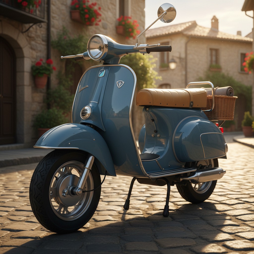 Blauer Motorroller in einer historischen Stadtstraße (KI-generiertes Symbolbild)