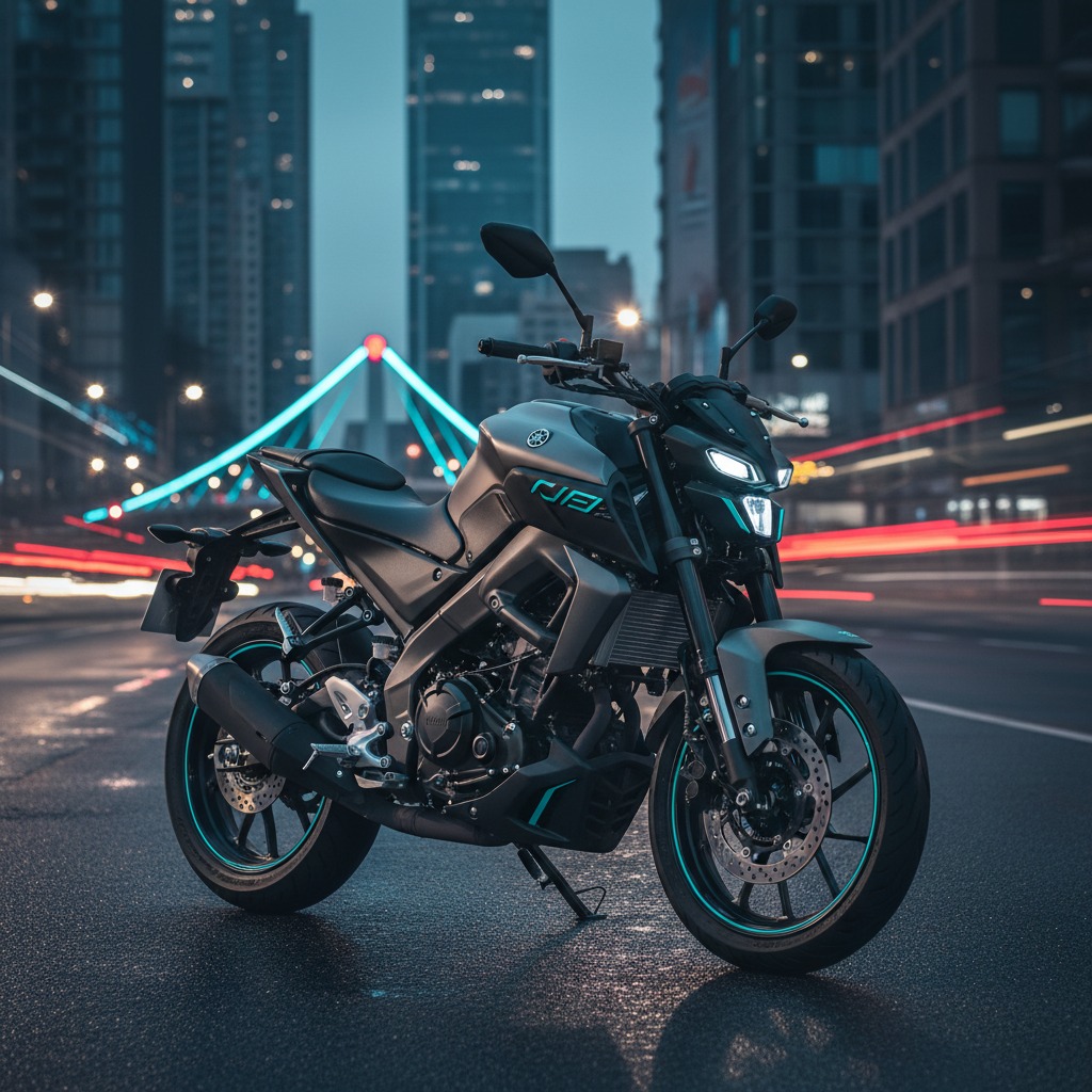 Modernes Motorrad der A-Klassen auf einer beleuchteten Straße bei Nacht (KI-generiertes Symbolbild)